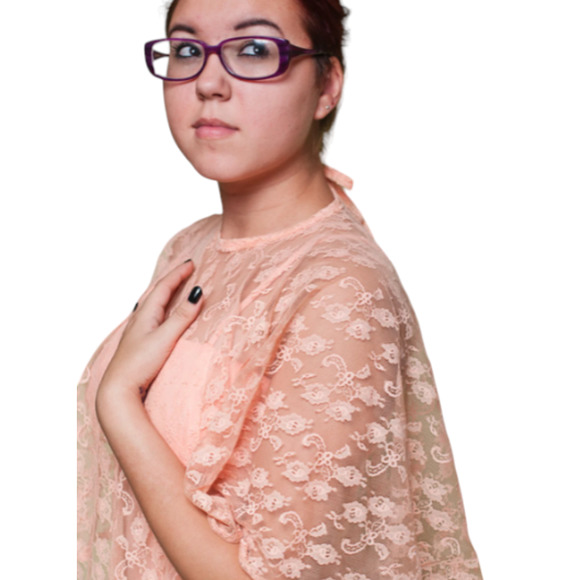 Vintage 60s PEACH Dress With Floral LACE Cape - Two Piece Set - Picture 3 of 5